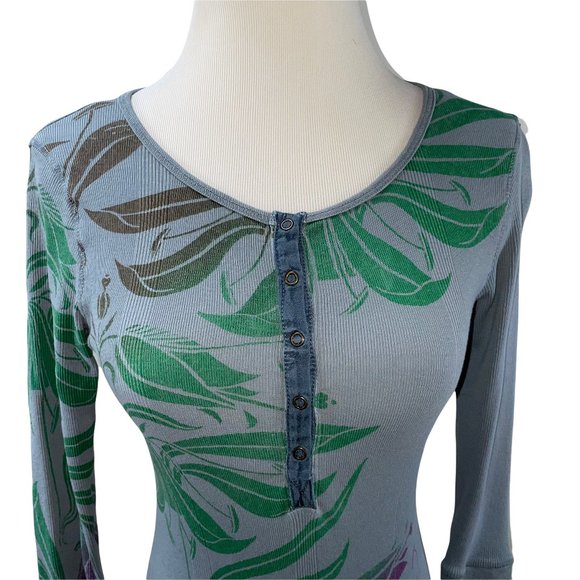 Anthropologie Language Blue Print Henley Long Cotton 3/4 Sleeve Knit Top T-shirt - Picture 6 of 10